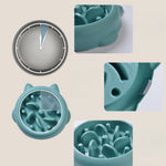 A collage showing a teal cat puzzle feeder from multiple angles, including a top-down view of the bowl, a close-up of the interior maze, a side detail, and a circular diagram indicating a timed-release feature.
