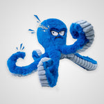 A blue plush octopus toy with gray textured tentacles and an angry cartoon face, shown on a light gray background. The word 'Gicigi' is printed on the side of the head.