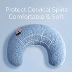 A U-shaped cervical spine support pillow in textured light blue fabric, shown on a matching light blue background with white text reading 'Protect Cervical Spine Comfortable & Soft' and white curved line graphics indicating support.