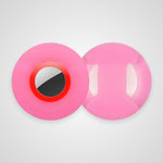 Two glossy pink circular components, likely skateboard wheels, shown overlapping on a light gray background. One wheel displays its inner core with a red outer edge and a black center, while the other shows its smooth pink side.