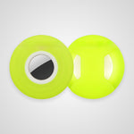 Two bright neon yellow-green circular adhesive bandages shown on a light gray background, one displaying the adhesive side and the other showing the backing.
