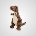 A plush dinosaur toy made from brown textured corduroy-like fabric, with a cream-colored belly and small black eyes, photographed on a light gray background.