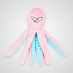 A pink plush octopus toy with a fuzzy body, striped light blue tentacles, and an angry embroidered face, shown on a light gray background.
