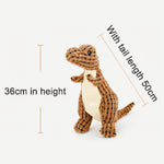 A brown textured plush dinosaur toy with a cream-colored belly, shown on a light gray background with measurement lines and text indicating a height of 36cm and tail length of 50cm.