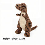 A brown textured plush dinosaur toy with a cream-colored belly, standing on a white background. Black text at the bottom left reads 'Height : about 22cm'.