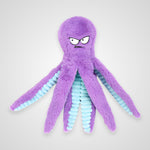 A purple plush octopus toy with a fuzzy body, segmented tentacles in light blue, and an angry cartoon face, shown on a light gray background.