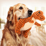 Dog playing with an orange plush toy shaped like a dinosaur.
