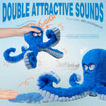 Blue plush octopus toy with crinkle paper sounds on a light blue background