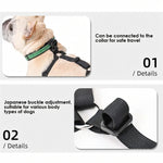 A two-panel product information graphic for a dog harness. The top panel shows a light-colored dog wearing a green and black harness, with text stating it can be connected to a collar for safe travel.